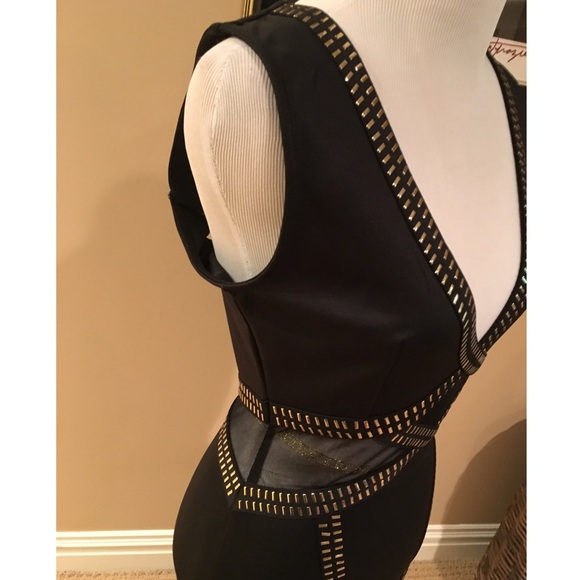 Sexy black & gold body hugging dress w/gold studs - Picture 4 of 5